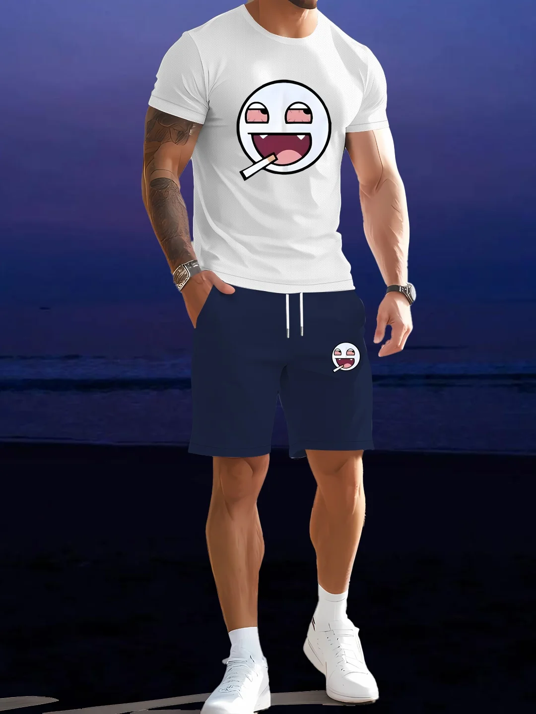 

Men's summer casual two-piece set: fashionable loose short sleeved T-shirt and artistic printed high waisted shorts - breathable