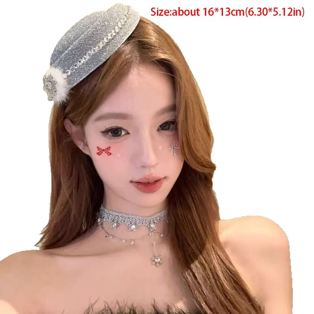 Boina sombrero de fieltro pinza para el pelo sombrero Formal Rhinestone sombrero de copa rojo horquilla copo de nieve sombrero decoración diadema tocado sombrero Navidad