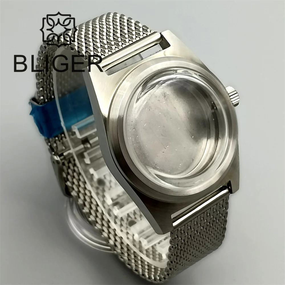 BLIGER New 39mm Domed Coated Glass Watch Case Mesh Band Fit NH35 NH36 ETA2824 PT5000 Movement Fixed Bezel Flat Sapphire Crystal