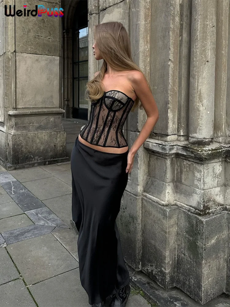 Weird Puss Black Lines Patchwork Vest Women Y2K Print Chest Wrap Sexy Backless Skinny Strctch 2025 Summer Trend Streetwear Tops