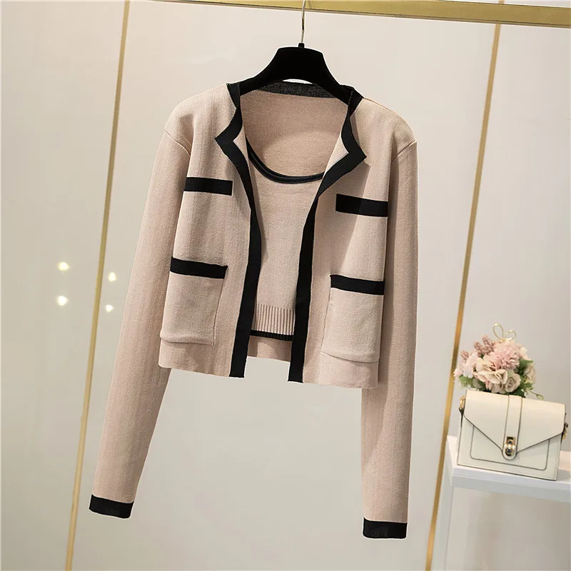 Contrast Color Knitted Cardigan Coat Long Sleeve O-Neck Sweater Jacket Women\'s 2023  New Autumn Vest Top Two-piece Set