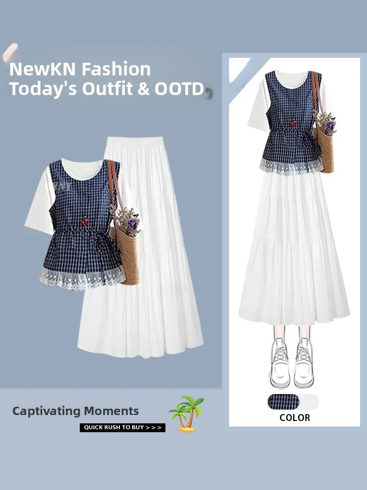 

Новый летний комплект с юбкой с высокой талией в клетку и кружевной отделкой, женский комплект из полиэфирного волокна с надписью Dr