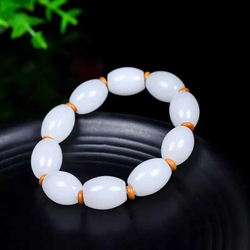 Natural Golden Silk , Hotan , Sheep Fat Jade Bead Bracelet, Unisex Buddhist Beads