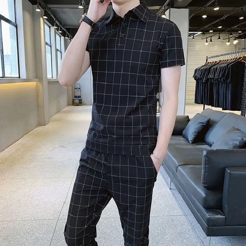 

Summer Men's Clothes Slim Elastic Short-sleeved Shirt Youth Casual Plaid Small Feet Nine-minute Trousers Fashion Two-piece Set