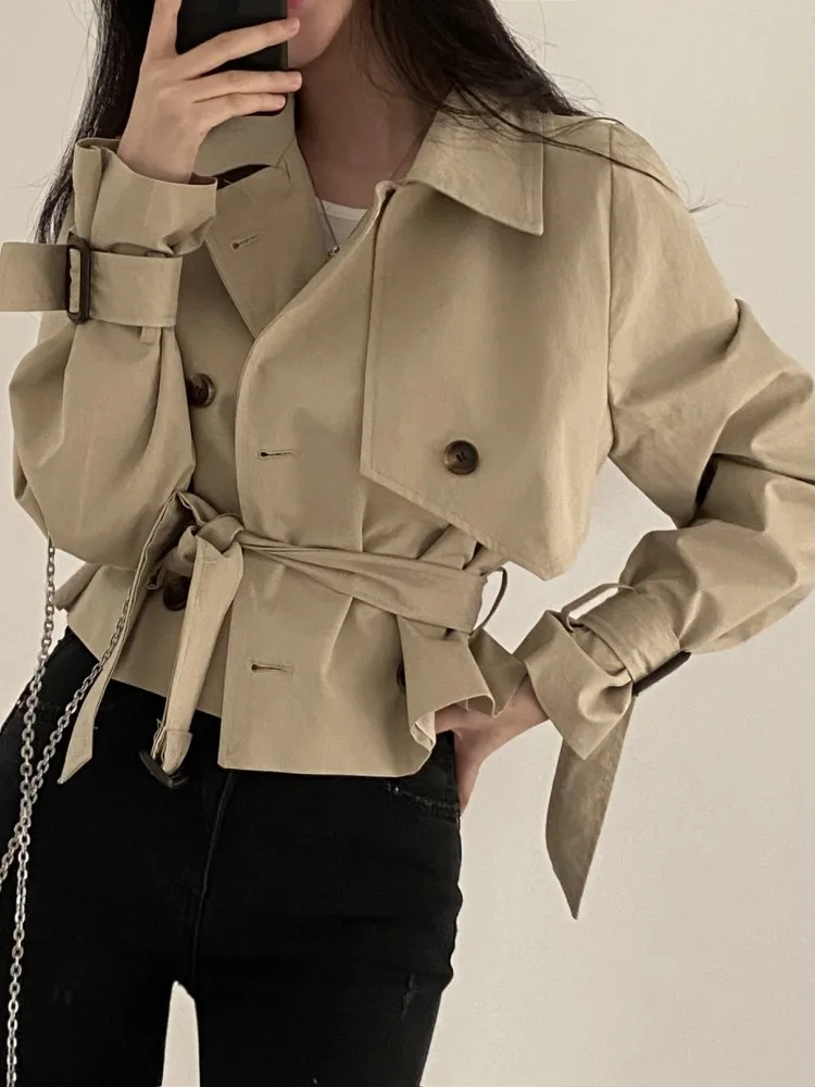 2colors 2023 Korean Women Autumn Trench Coats Short Jacket Casual Female Lace Up Coat Tops womens (hf1903)