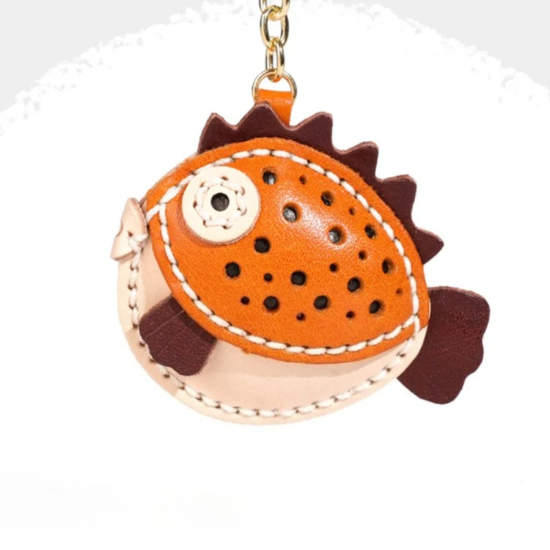 سلسلة مفاتيح لطيفة مخيطة يدويًا من جلد البقر، حقيبة تزيين معلقة على شكل حيوانات من الجلد، قلادة من الجلد الطبيعي #4