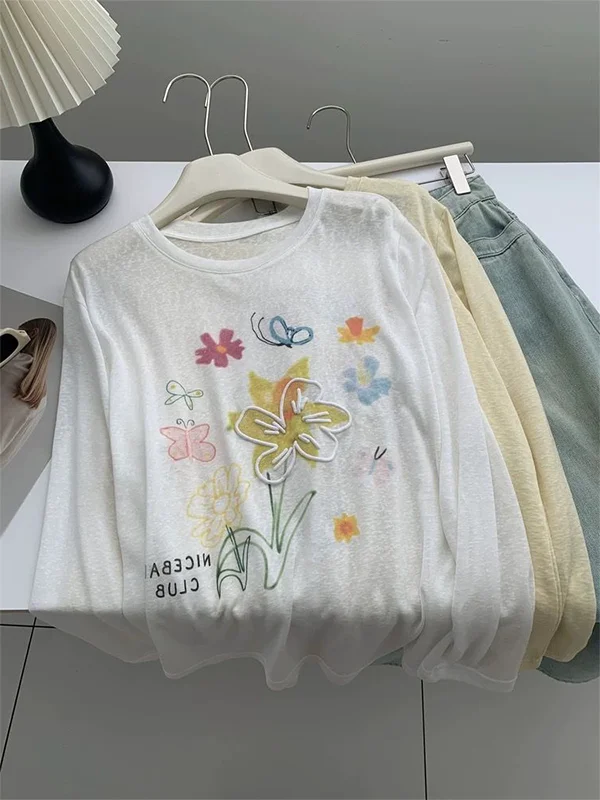 plus Size Snowflake Cotton Long Sleeve T-Shirt Women Summer Fashion Loose Sun Protection Cover up Slimming Top Korean Style