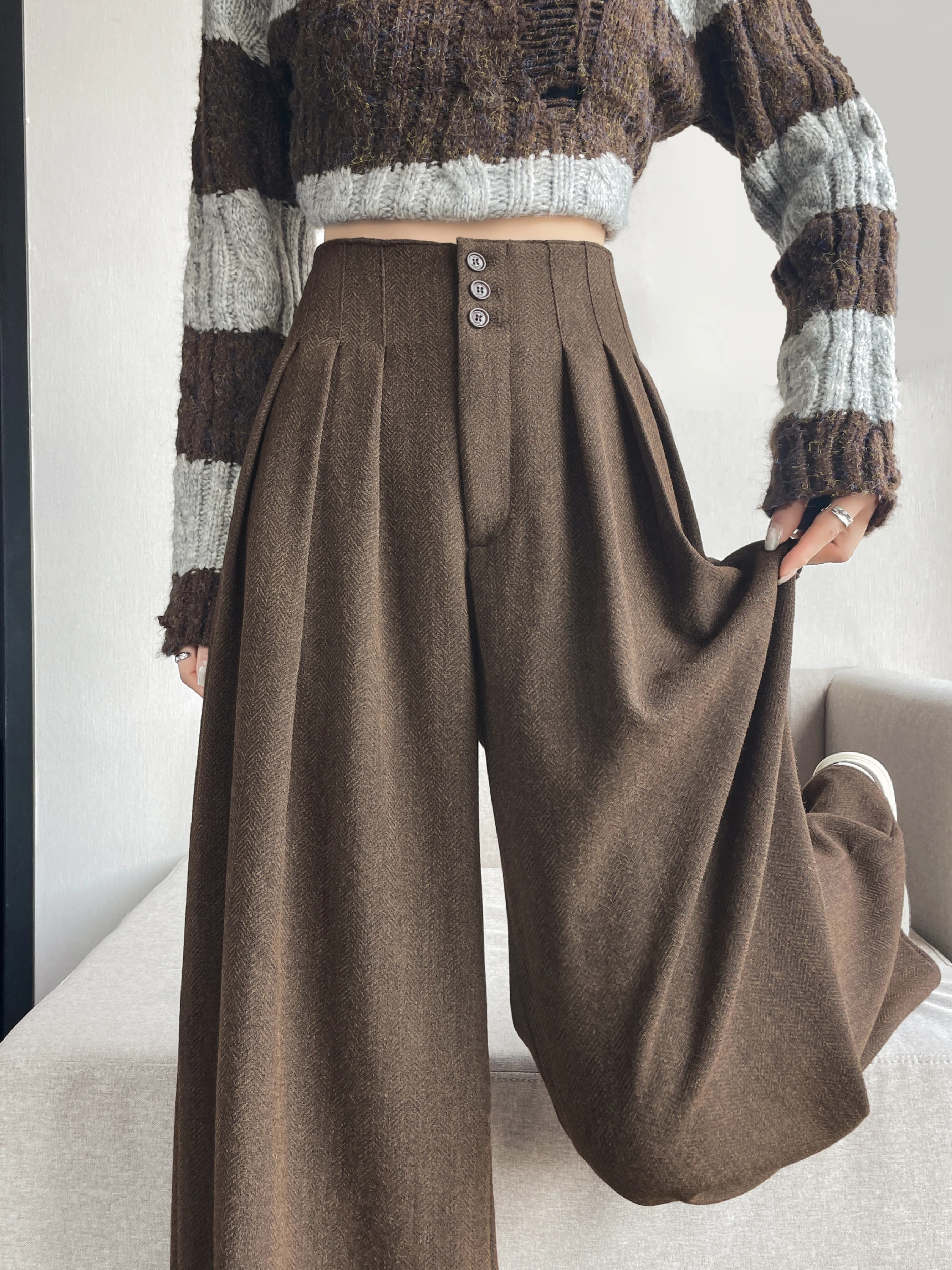 Thiened Wollene Weite Anzughose für Damen, Winterfeste Gefütterte Hose mit Hoher Taille, Koreanischer Stil für den Arbeitsweg