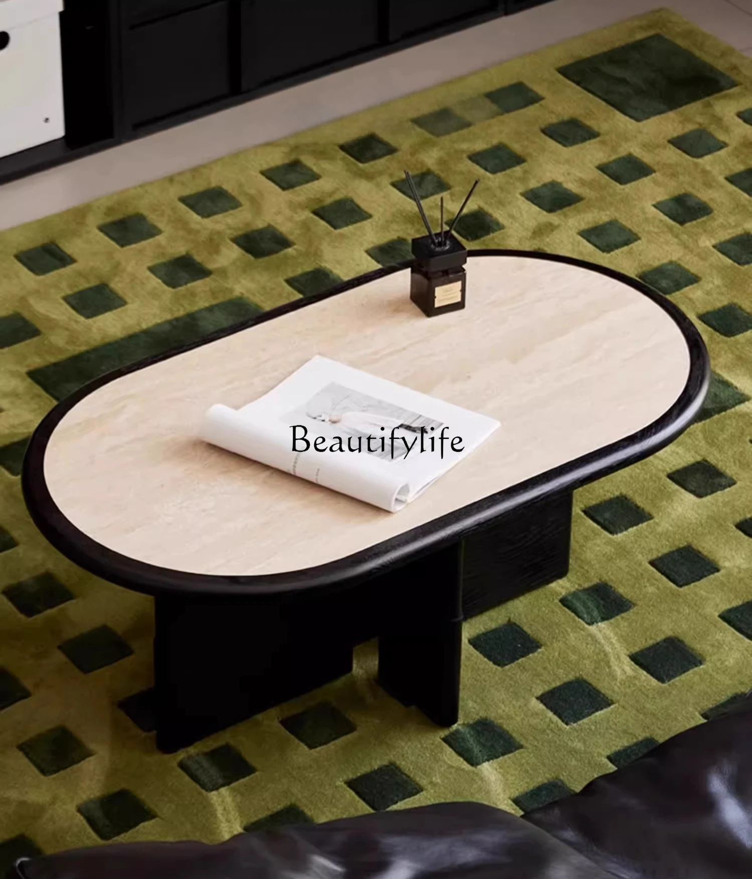 

*Travertine solid wood rock slab coffee table movable living room simple multi-functional oval tea table