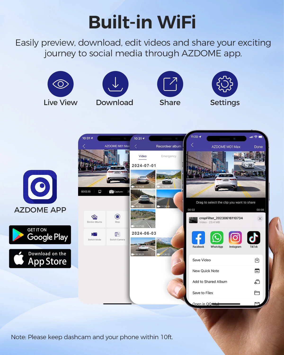 كاميرا AZDOME 4K Dash Cam M01 Max 3 بوصة كاميرا أمامية وخلفية للسيارة مدمجة ADAS Wifi G-Sensor Car DVR وضع وقوف السيارات 24H