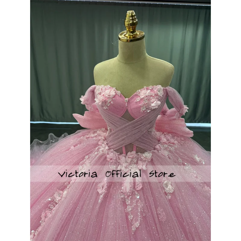 

Princess Off the Shoulder Ball Gowns for Girls 3D Flowers Sequined Corset Quinceanera Dresses Vestidos De 15 Customized