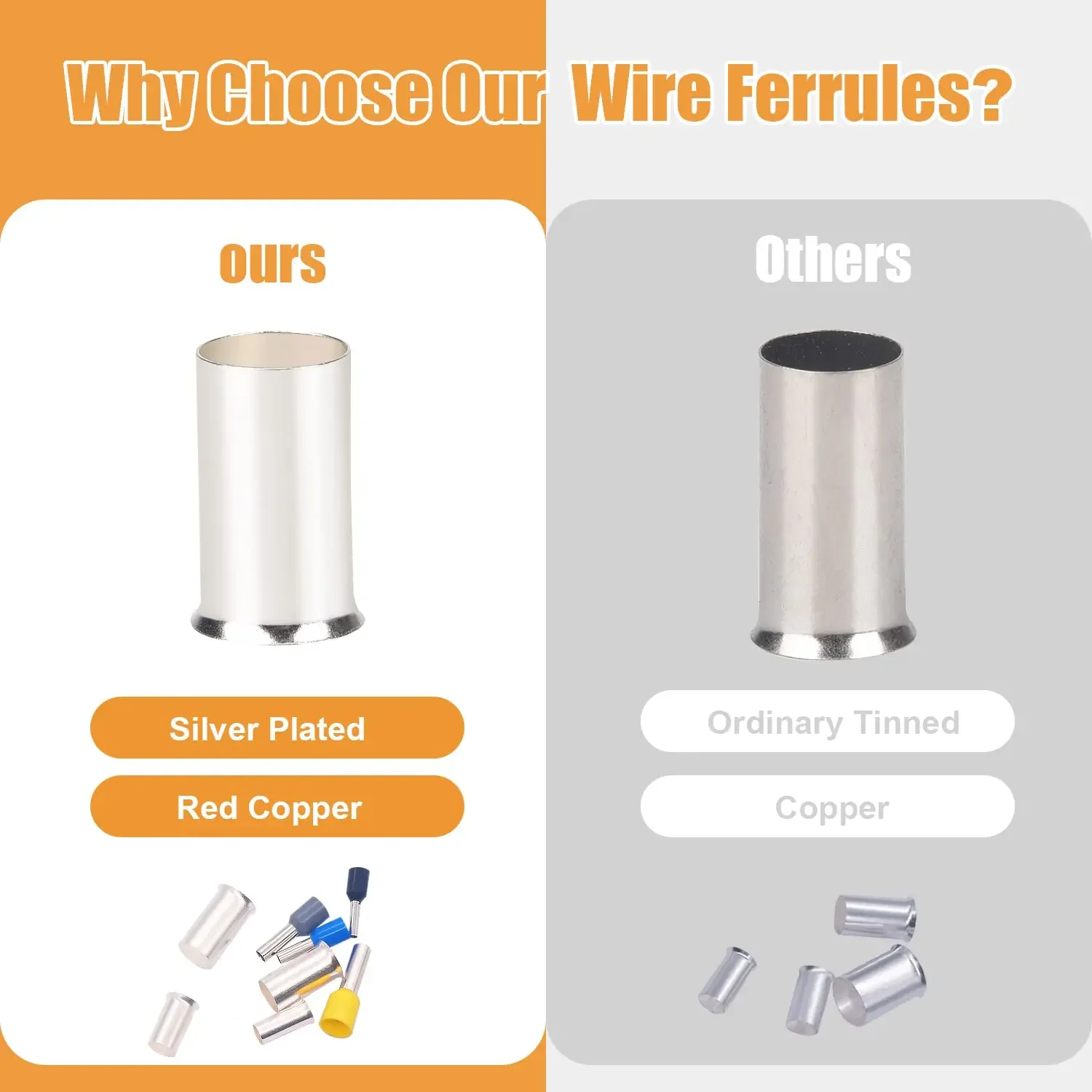 166/400PCS Wire Ferrules Kit 8 Sizes Silver Plated Copper Crimp Terminal Connector Sleeves for Wire Ends Terminals Kits