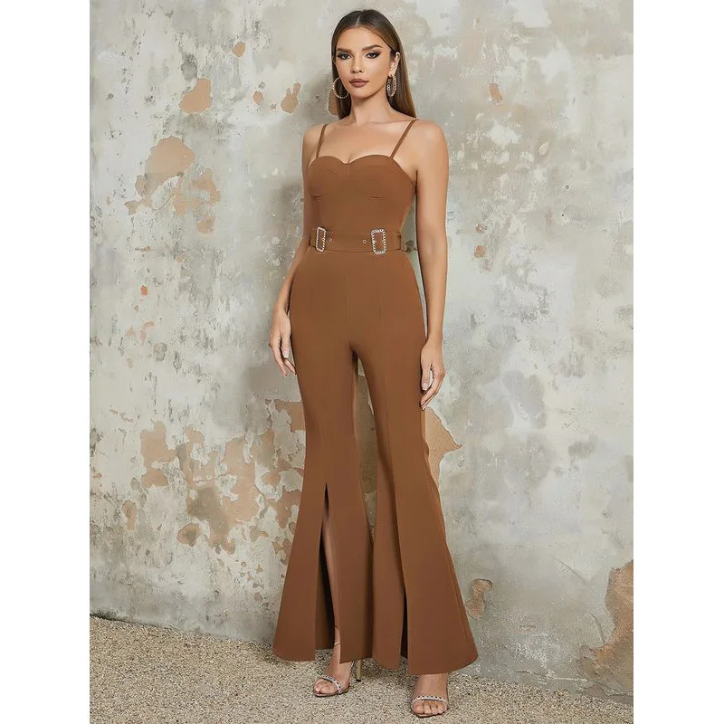 MSMUSI 2025 New Fashion Women Sexy Solid Sleeveless Backless Bodycon Party Club Slim Slit Flare Pant Lady Jumpsuit With Belt