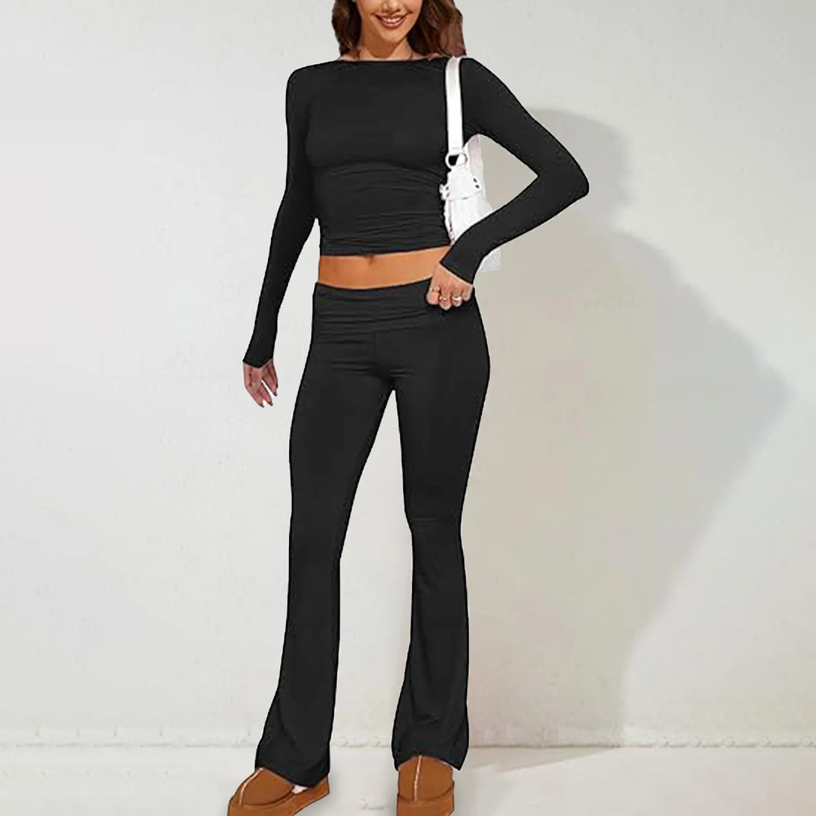 2025 Spring Summer Female Clothing Set Lady\'s O-neck Solid Color Long Sleeve Tops+ Slim Knit Pants Women\'s 2PCS Clothes Set