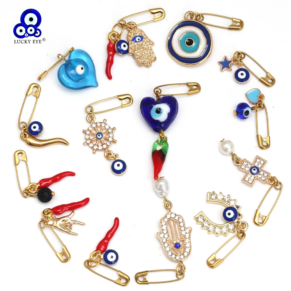 Lucky Eye 2pcs/lot Pepper Shape Brooch Pin Alloy Fatima Hand Turkish Evil Eye Charm Brooch for Women Men Fashion Jewelry