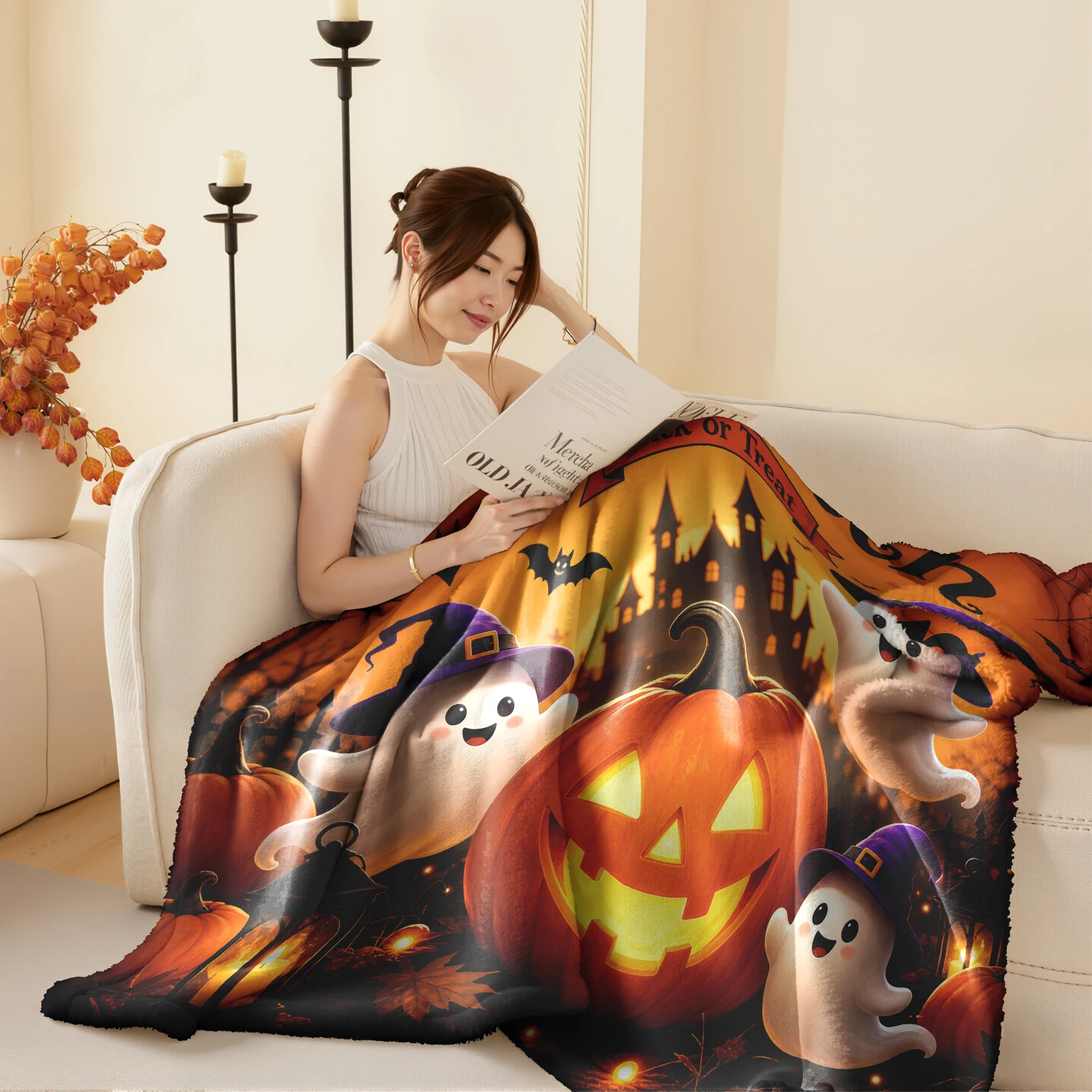 Soft Flannel Fleece Halloween Blanket Digital Print Super Warm Cozy Throw Blanket for Bed Couch Sofa Home Decor Gift NO.505