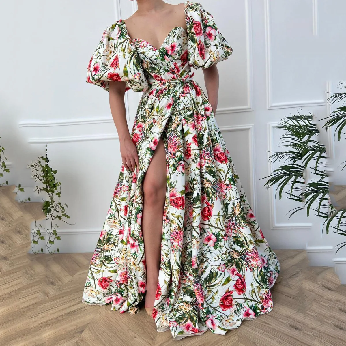 2024 V-Ne Chiffon Printed High Waist Slimming Maxi Dr Evening Gown ort Sve Commuter Sle Pleated Bubble Sve Lon...