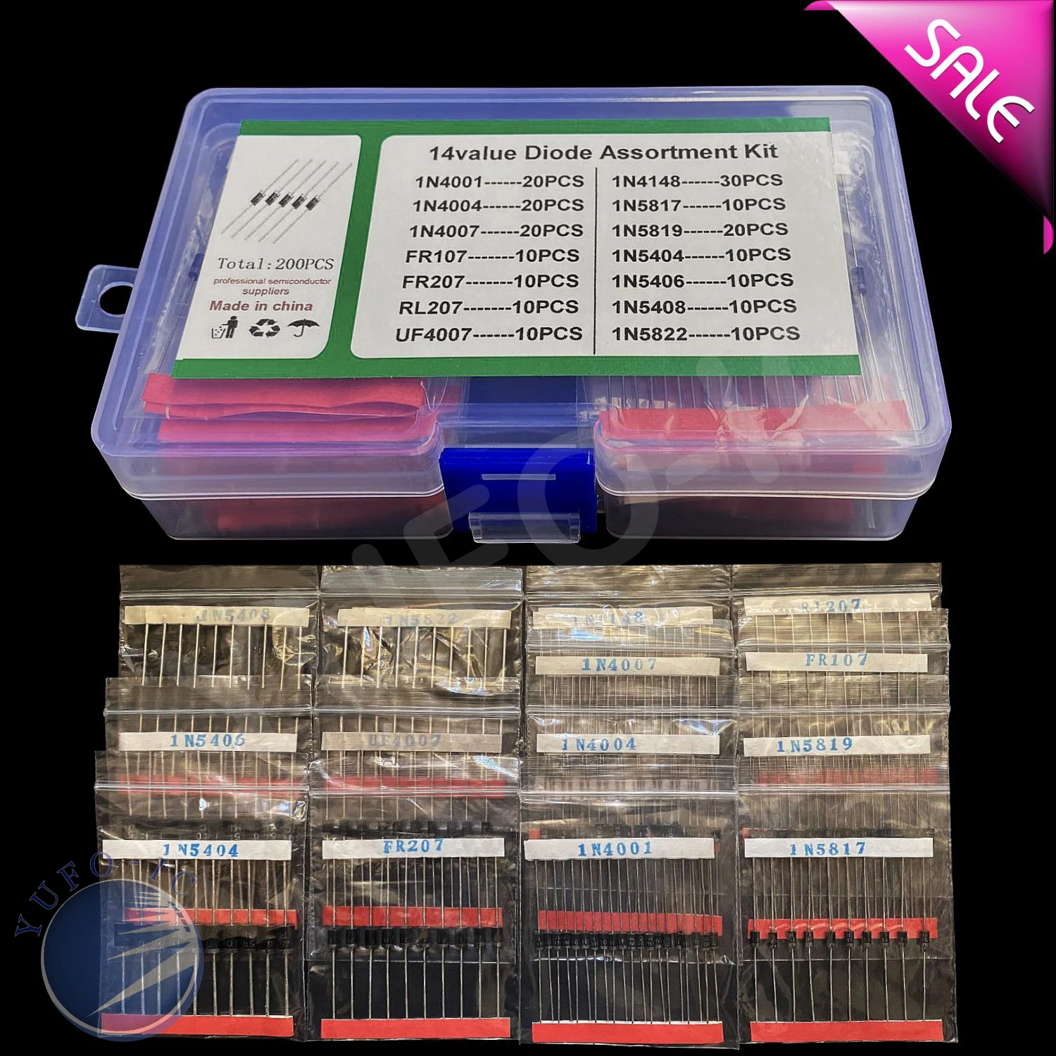 14Values Totally 200PCS Diode Kit 1N4001 IN4004 1N4007 FR107 FR207 RL207 UF4007 1N4148 1N5817 1N5819 5404 5406 1N5408 1N5822 BOX