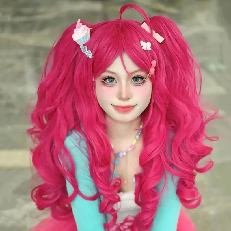 New Cartoon Pinkie Pie Princess Cosplay Wig Women Rose Red Long Curly Hair Ponytail Heat Resistant Synthetic Wigs Halloween Prop