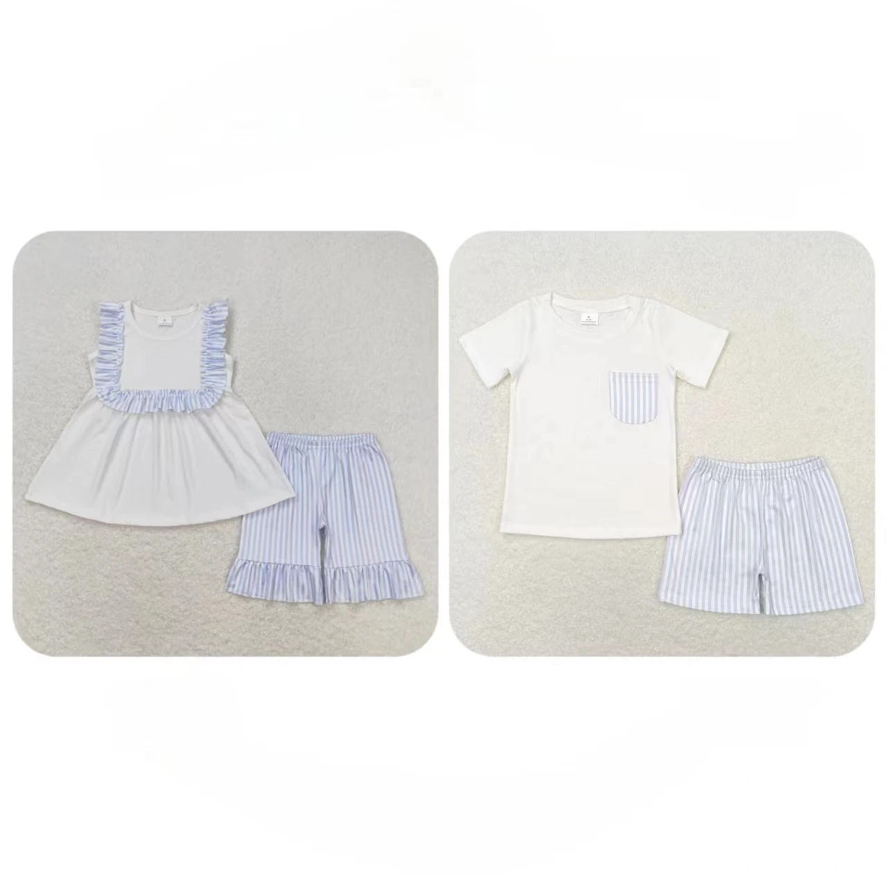 

Wholesale Infant Clothing Baby Boy Girl Summer White Cotton Tops Blue Stripes Shorts Toddler Outfit Kids Children Two Pieces Set