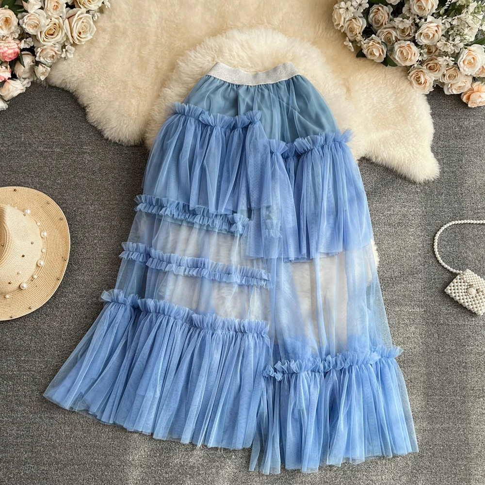 

Summer Elegant Tulle Skirt for Women Chic Ruffle A-Line Female Tarf Layered Long Skirts for Women Irregular Beach Vacation New