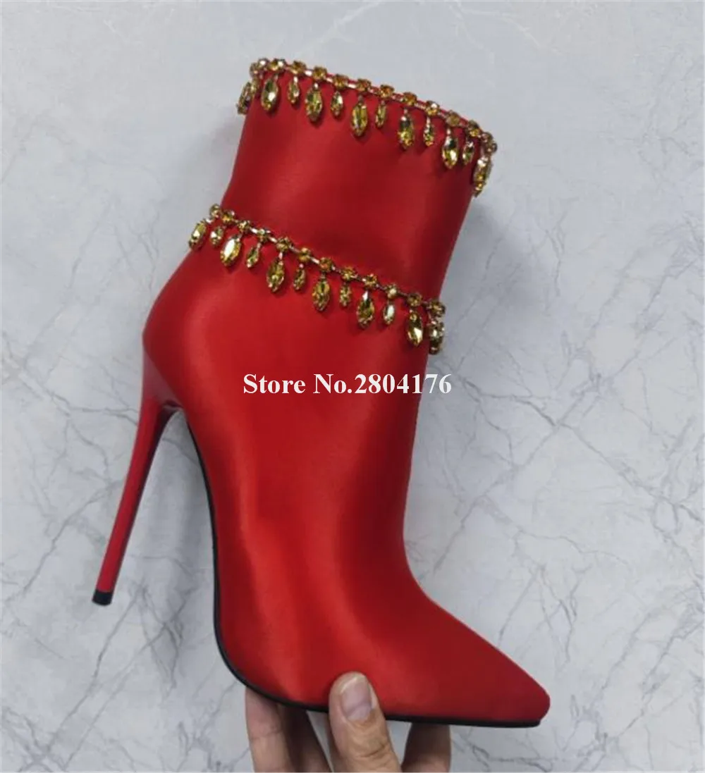 

Bling Bling Diamonds Chains Decorated Thin Heel Short Red Satin Boots Pointed Toe Crystals Stiletto Heel Ankle Booties