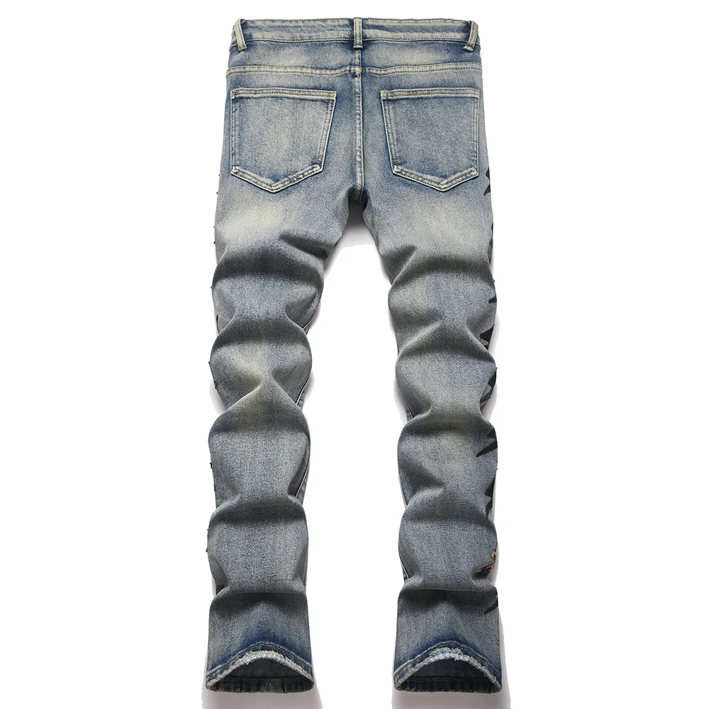 Men's Lightning Patch Boot Cut Jeans Vintage Retro Blue Slim Flared Pants Streetwear Trousers