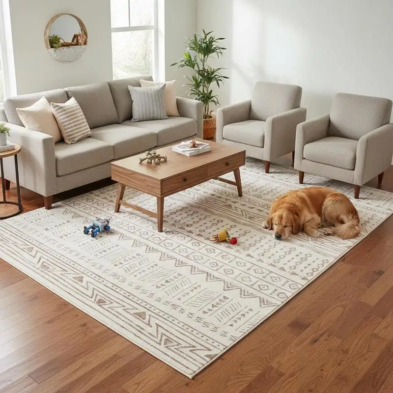 

Free Shipping-Washable Indoor Carpet 6 x 9 ft For Bedroom Office Living Room, Soft Surface Tear-Resistant Construction Modern Beige Floor Mat Pet Child Friendly Low Pile Rug