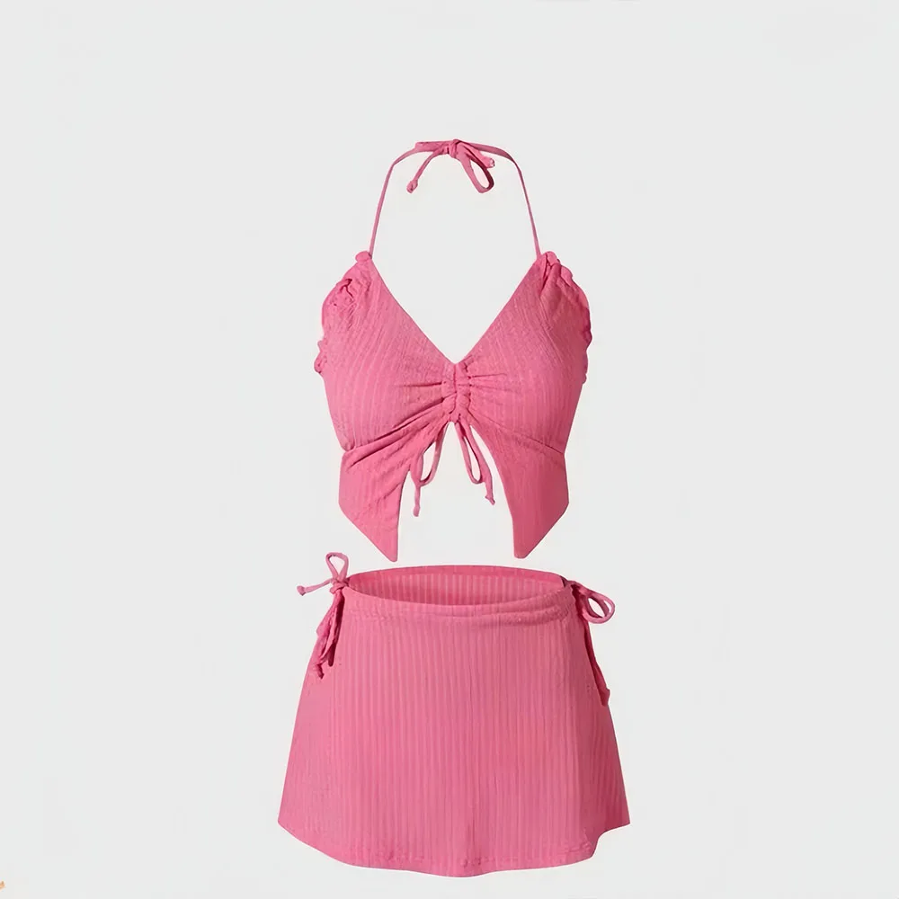 3Pcs Bikini Sexy Pure Texture Suspender Swimsuit V-Neck Drawstring Crop Top+Skirt Bikini Set Summer Beach Swimsuit Gifts