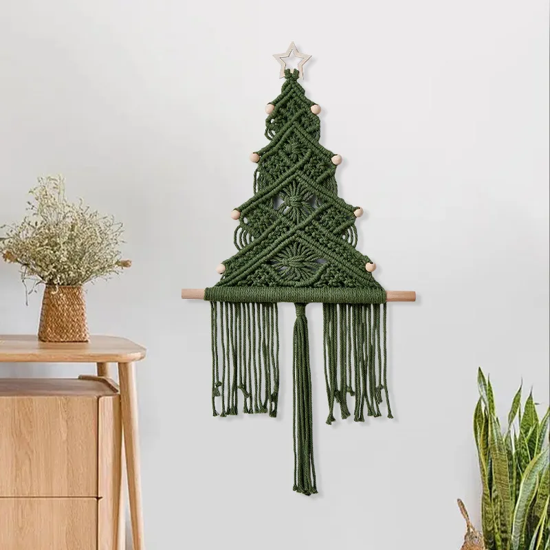 Macaron Hand Woven Christmas Tree Macrame Wall Hanging, Cotton Rope Wooden Stick Boho Tapestry, Xmas Wall Decor for Living Room - view 4