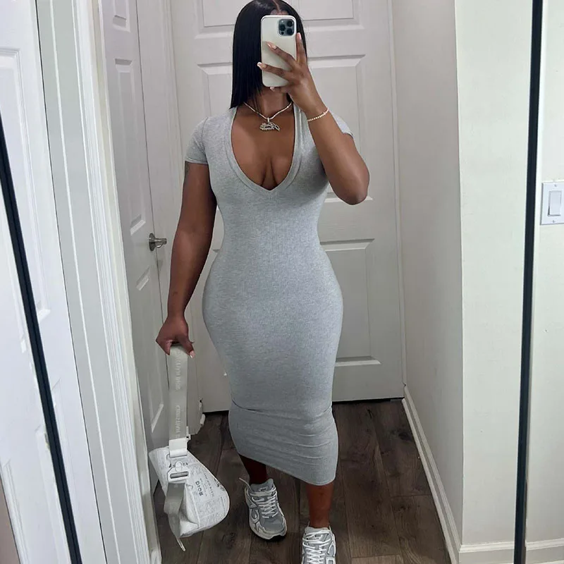 Solid Short Sleeve V-neck Bodycon Maxi Dress for Women 2023 Summer Casual Ribbed Party Dress Elegant Sexy Club Dress Streetwear