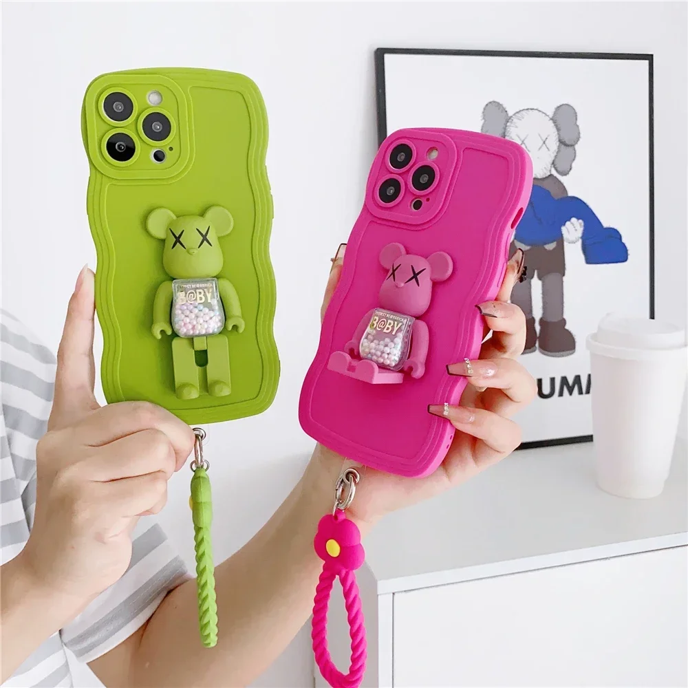 cartoon robot bear bracketflower rope wavy silicon case For iphone 15 14 Pro Max 11 12 13 Pro Max Xs Xr 7 8 plus  cover