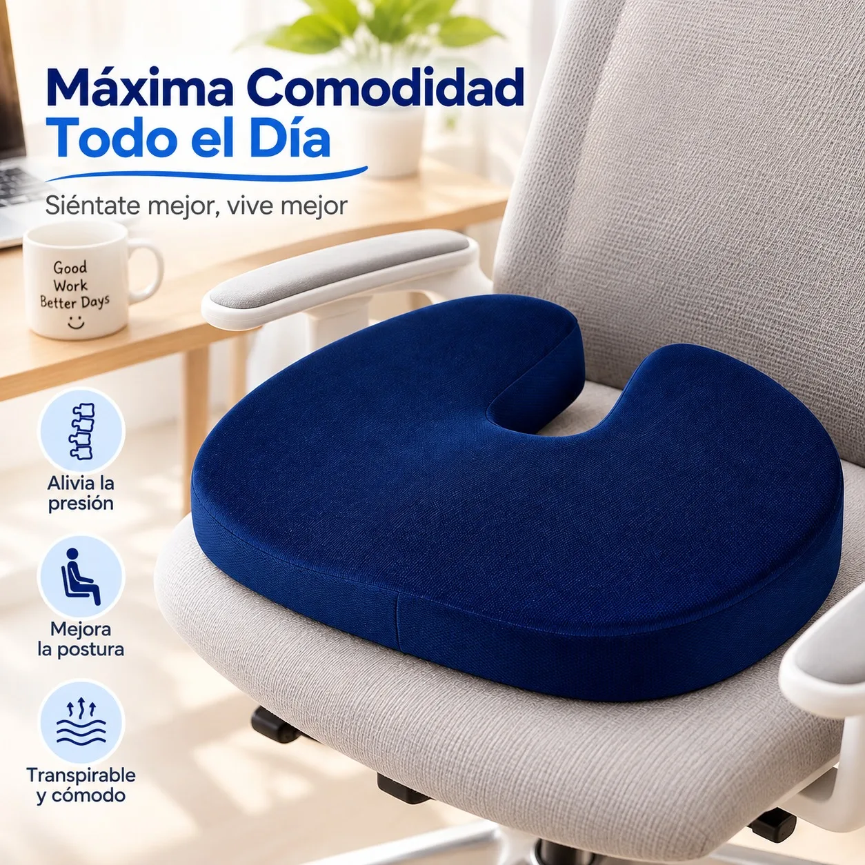 Cuscino ergonomico in memory foam per sedie da ufficio e auto, cuscino ortopedico per alleviare la pressione sulla coccia, design traspirante e lavabile, dimensioni 47x36x5 cm, colore blu scuro.
