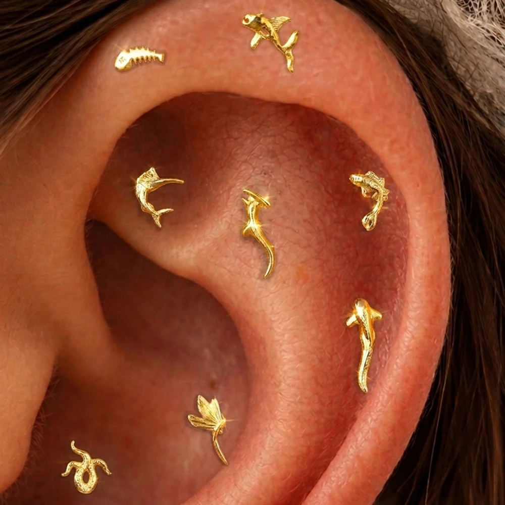 AIDE 925 Sterling Silver Sea Animal Dragonfly/Shark/Octopus Tentacle For Women Cartilage Stud Helix Conch Lobe Flat Back Jewelry