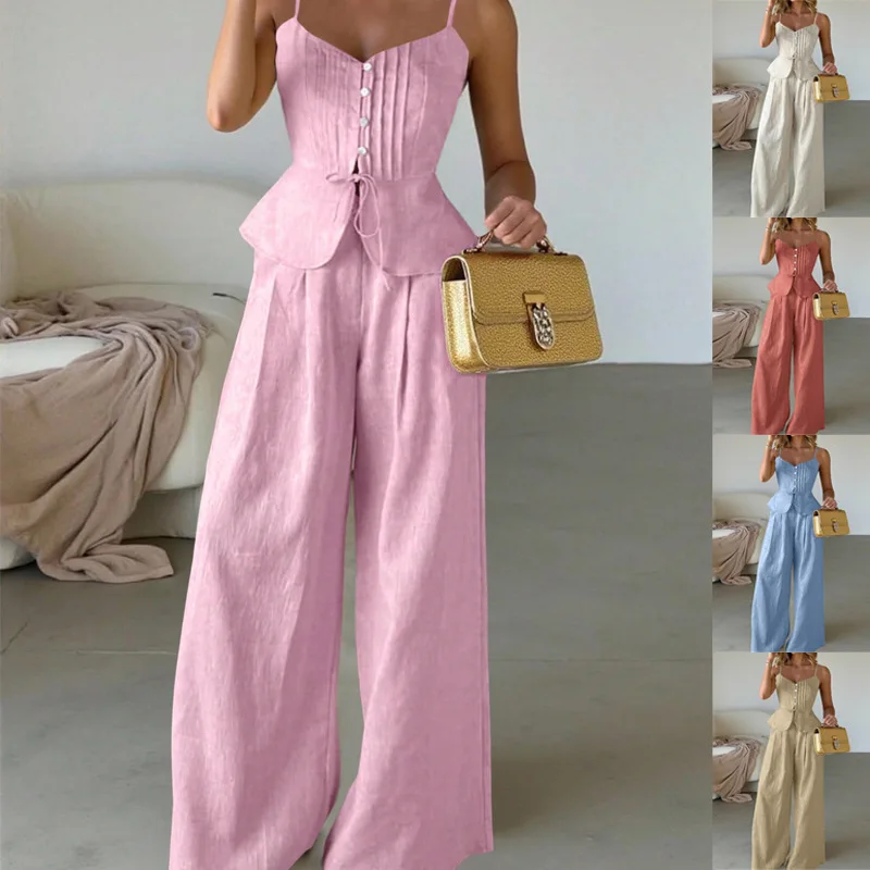 Summer New Women's Sexy French Suit Suspender Waist Button Detailing Solid Color Wide Leg Pants Elegant 2-Piece Set for Female