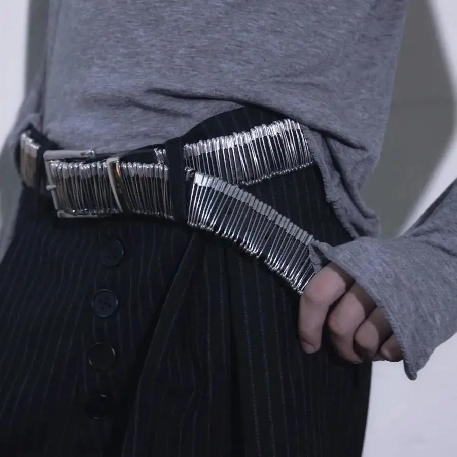 

Men Women's Heavyweight Handmade Metal Pins Genuine Leather Hip Rock Belts Vintage Personalized Neutral Wide Belt