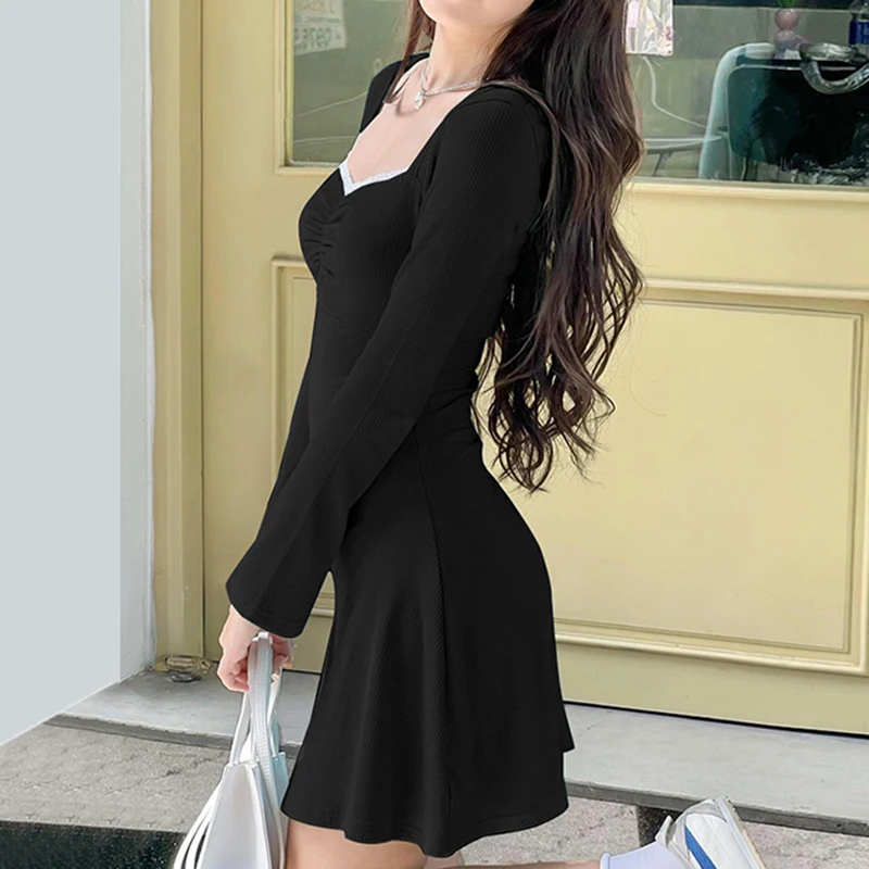 IAMHOTTY Contrast Lace Patchwork Square Collar Dress Black Basic A-line Mini Dresses Long Sleeve Fall Spring Coquette Robe Women