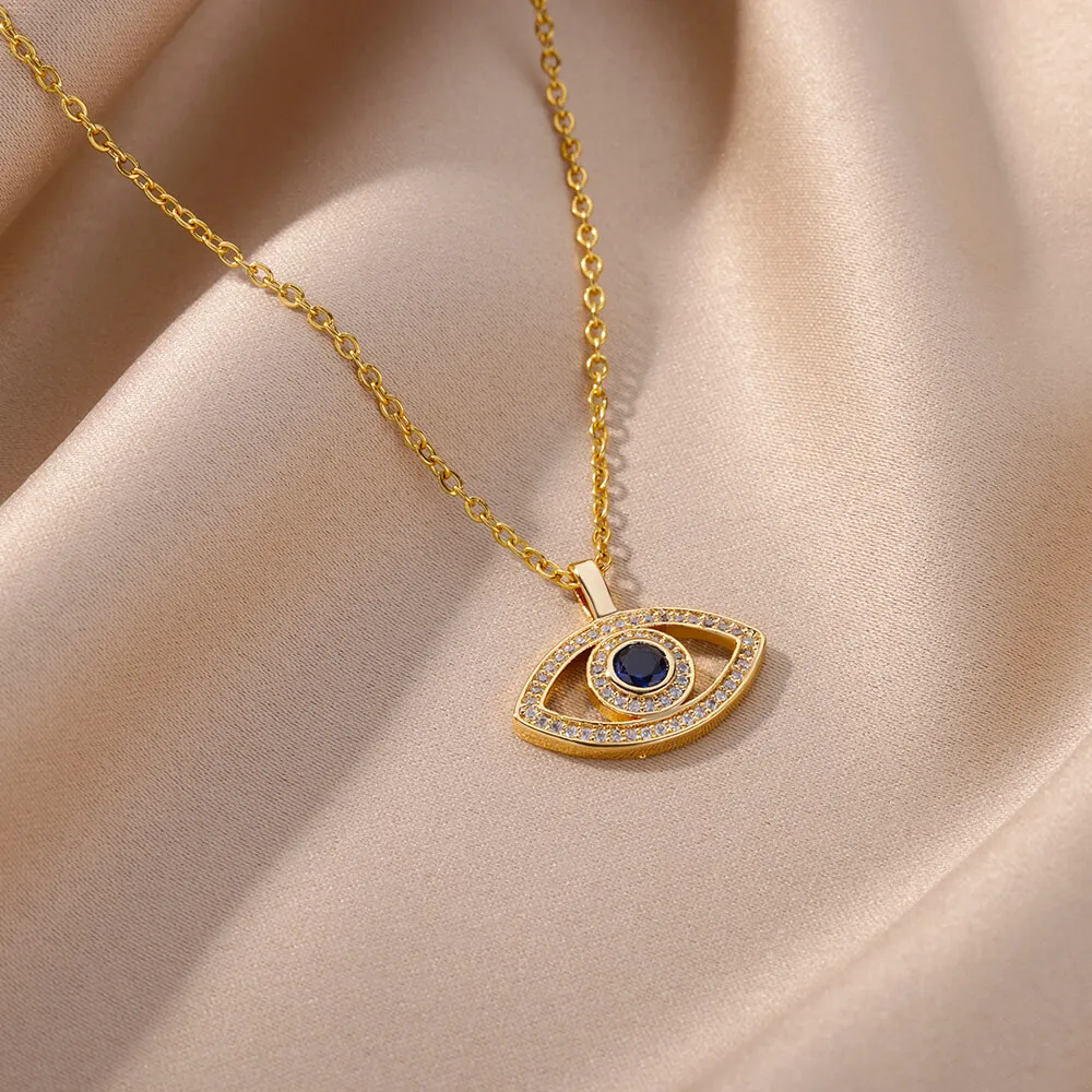 Zircon Evil Eye Pendant Necklaces For Women Stainless Steel Gold Color Necklace 2024 Trend Aesthetic Lucky Turkish Jewerly Gift