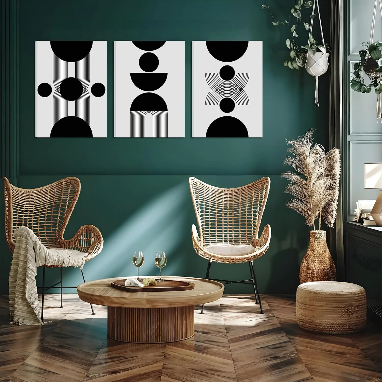 

Framed Boho Wall Art Set Of 3 - Black And White Modern Geometric Line Wall Decor, Minimalist Abstract Semi Circles Canvas