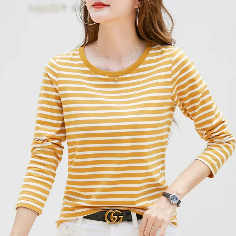 

Spring and Autumn Women's Pullover V-neck Stripe Contrast Round Neck Long Sleeve T-shirt Underlay Casual Fashion ops F444