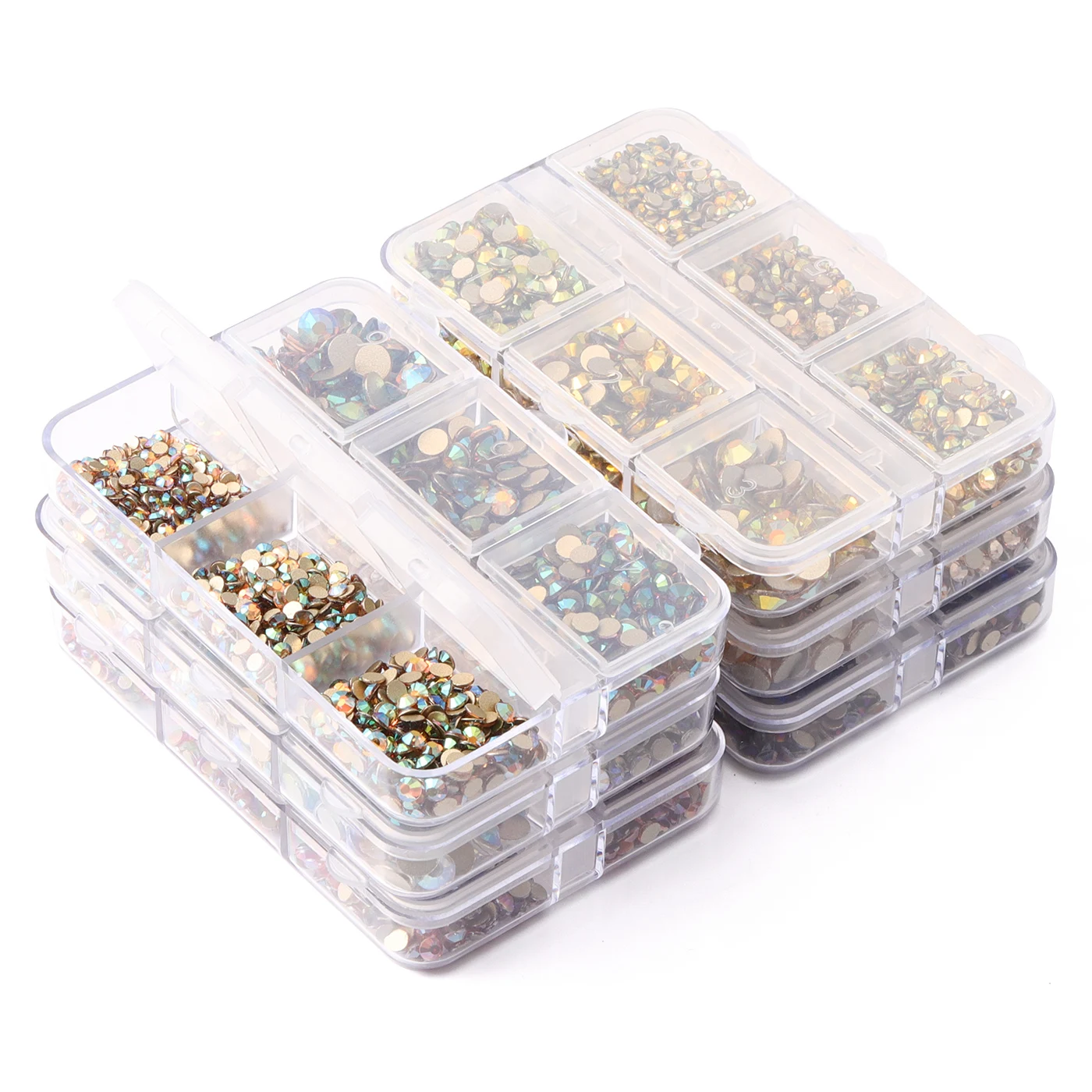 Gold bottom 6 grids/box non thermal fixed glass rhinestones SS6-SS20 mixed size flat crystal stone bonded diamond 3D nail art ac