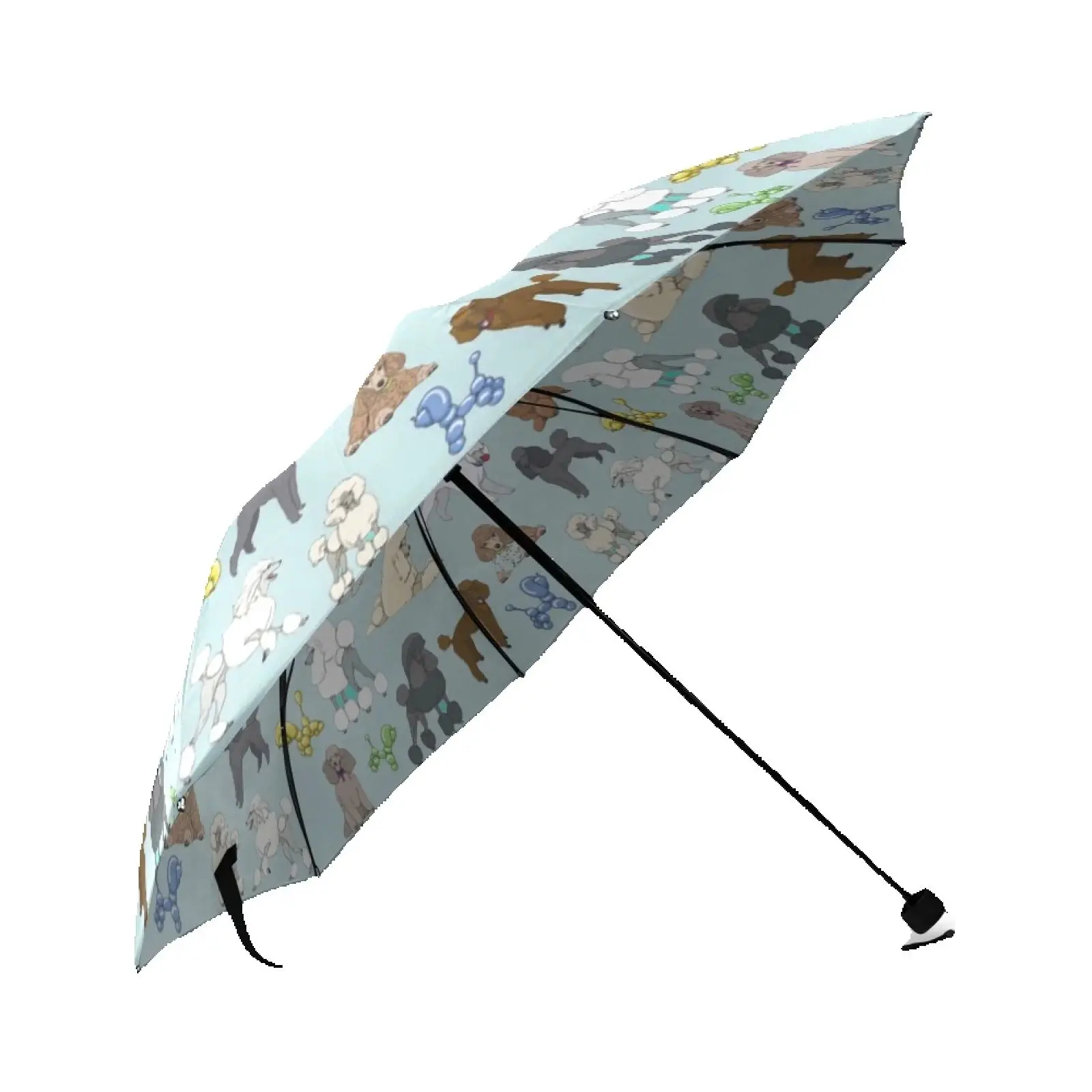 Poodle Blue Automatic Tri Fold Umbrella, Sun Anti-UV Foldable, Compact Light Weight Protection, Inside Printing, Travel Umbrella