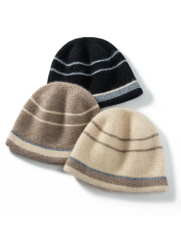 Wool Cashmere Stripes Jacquard Knitted Beanies Double Layers Thick 2023 Women Winter Caps Present Hat Cashmere Warm Bonnet #136