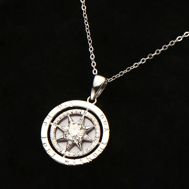RAPRGOLD 925 Sterling Silver Compass Necklace 6.5mm Sparkly Cubic Zirconia Fashion Pendant Necklaces for Women Men Jewelry Gift