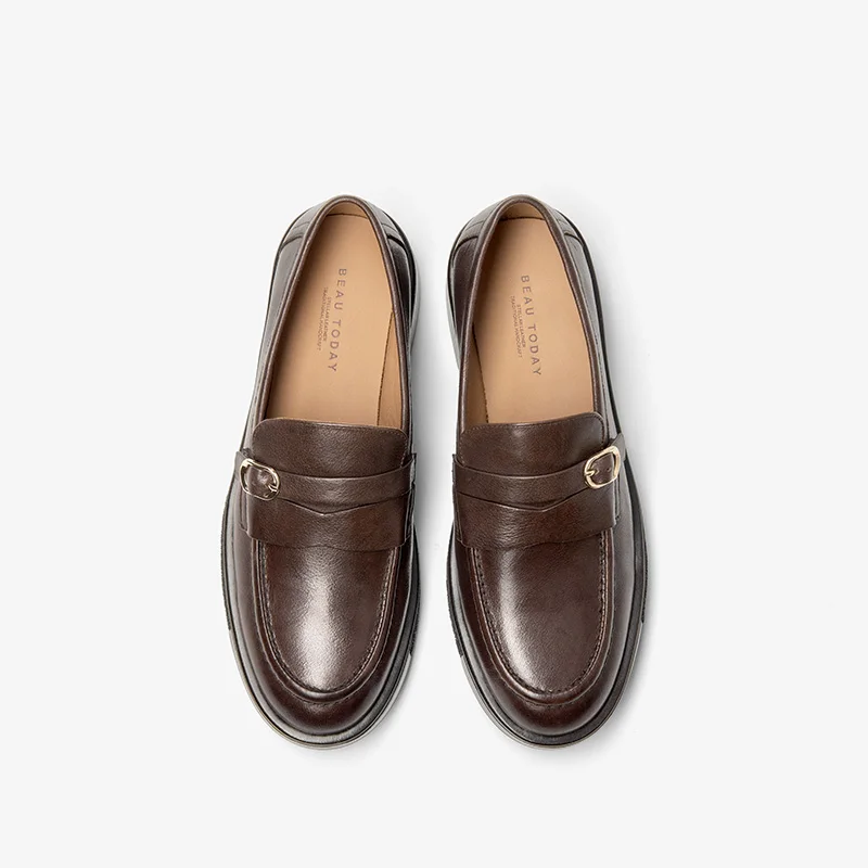 BEAUTODAY Classic Loafers Women Genuine Calfskin Leather Round Toe Solid Color Flats Slip-on Ladies Shoes Handmade 26467