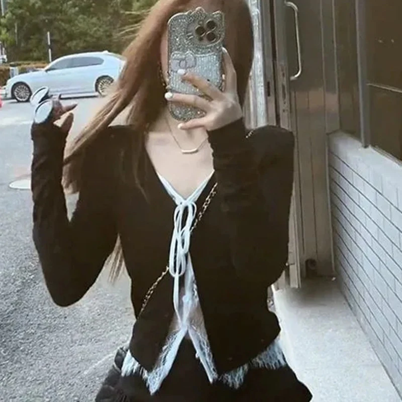 

Korean Black Knit Cardigan Women Lace Patchwork Long Sleeve Cropped Top V Neck Sexy Preppy Style Harajuku Sweater
