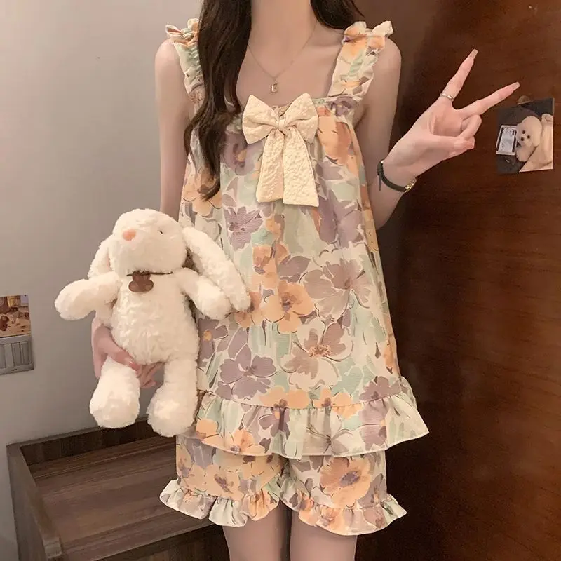 

Пижамные комплекты, летние и корейские милые цветочные листья лотоса, домашняя одежда, комплект из 2 предметов, большие пижамы для сна, женская одежда для сна, новые женские пижамы