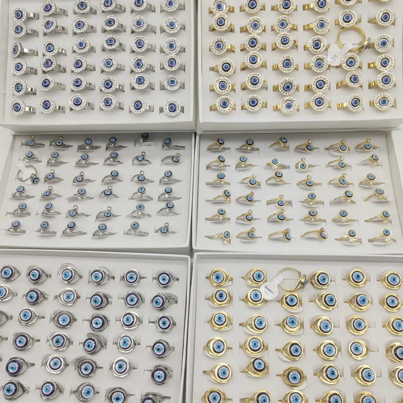 36pc/Lot Wholesale Mix Different Evil Eye Crystal Finger Rings For Women Party Soft Clay Demon Eyes Stainless Steel Wide Bar Men