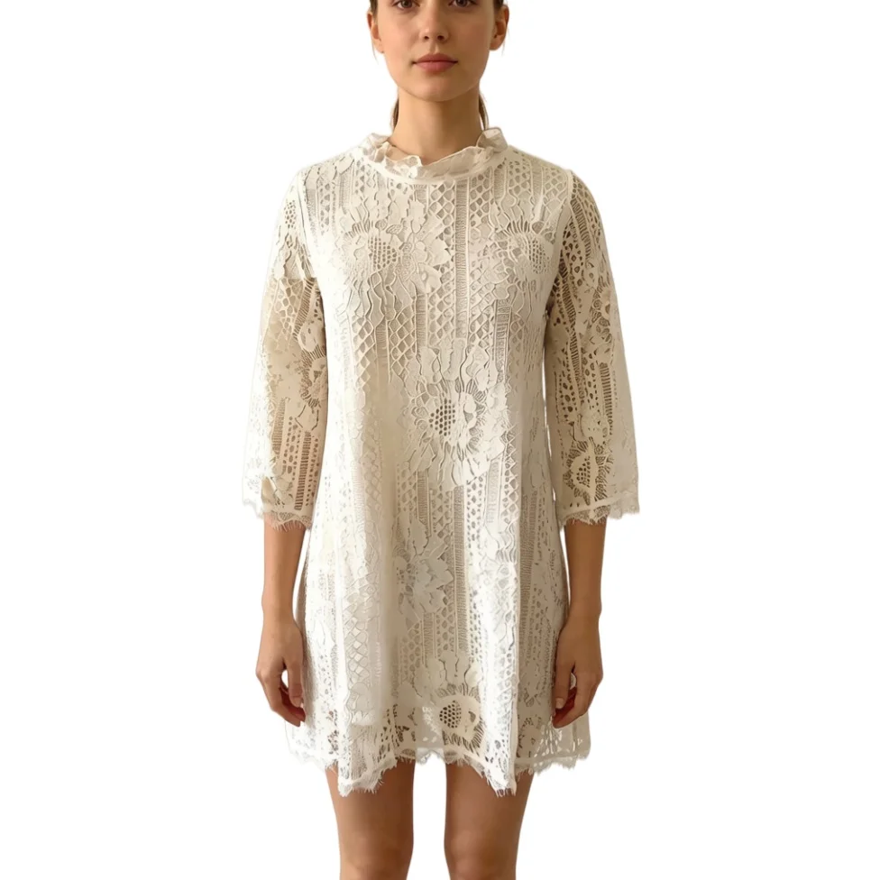 Openwork Lace Mini Dress Cheap Elegant Sweet Style Women Loose Irregular Hem Plain