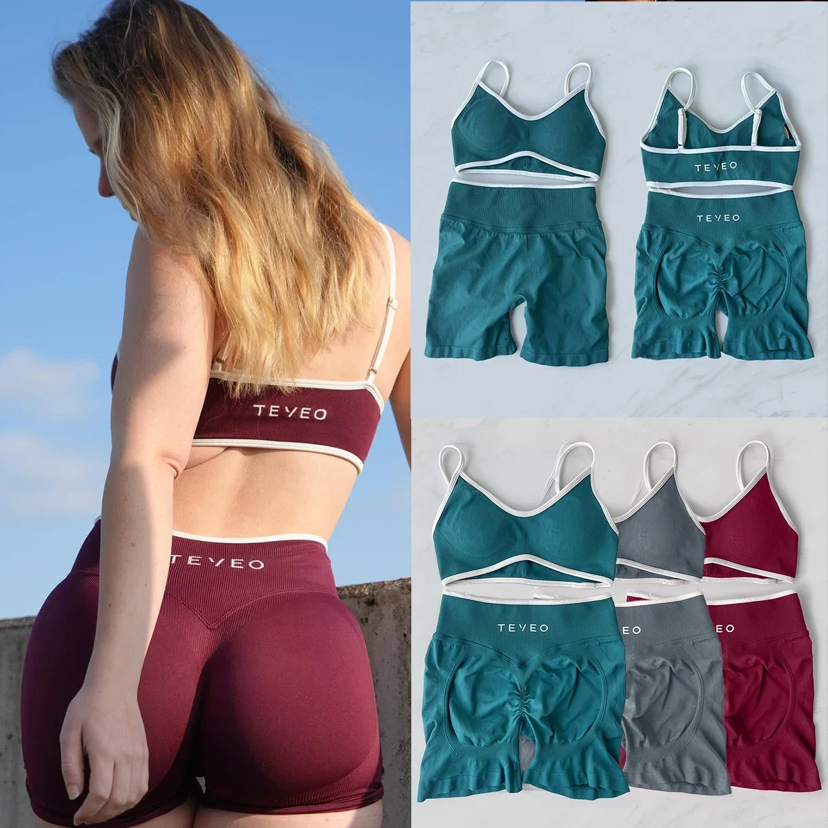 TEVEO ensemble de Yoga 2 pièces ensemble de gymnastique femme ensemble short et haut vêtements d'entraînement ensemble de soutien-gorge sans couture Scrunch Shorts ensemble de Yoga